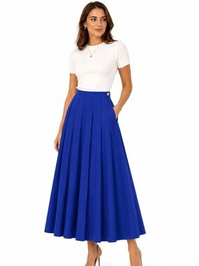 Vintage 90’s Geiger Austria Blue Cotton Pleated Midi Skirt NWT Size 38 Deadstock